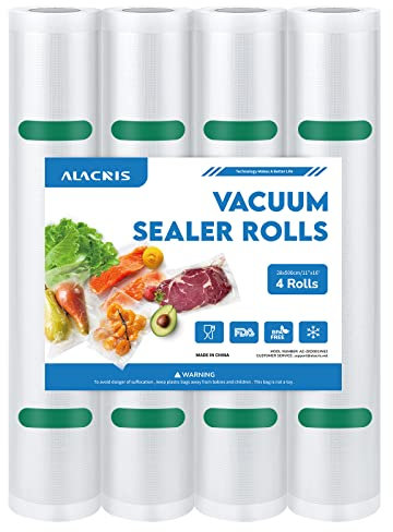 ALACRIS Vacuum Food Sealer Rolls Bags, 4 Packs 28cm x 500cm Storage Bags (Total 20 m), BPA Free Customized Size Vacuum Food Bags for Food Storage and Sous Vide Cooking
