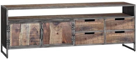 Woodkings TV-Bank York | Wohnzimmer Lowboard 165 cm | Tv-Möbel aus Massivholz Akazie | Fernsehbank rustikaler Stil mit Metallrahmen | viel Stauraum