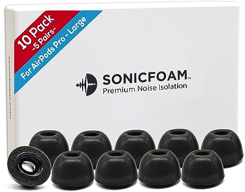 SONICFOAM Memory-Schaum-Ohrhörer-Aufsätze – Prämie Geräuschisolierung, Ersatz-Ohrhöreraufsätze aus Schaumstoff, 10 Stück für Airpods Pro 1 & 2 (SFAIR groß, Schwarz)