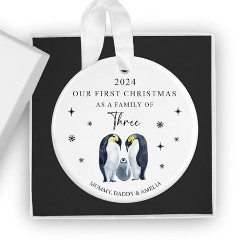 Personalised First Christmas as a Family of Three Ceramic Bauble with Gift Box - Custom Family of 3 Ornament - New Baby Gift, New Parents Keepsake, Baby's 1st Xmas Tree Decoration