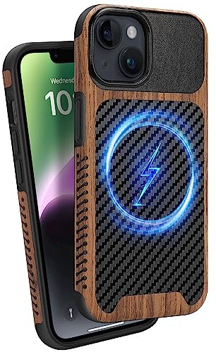 ZZDZZ Magnetisch Hülle für iPhone 13 mini Hülle [Kompatibel mit MagSafe] Holz und Carbon Leder Design Handyhülle Stoßfest Schutzhülle (Schwarz)