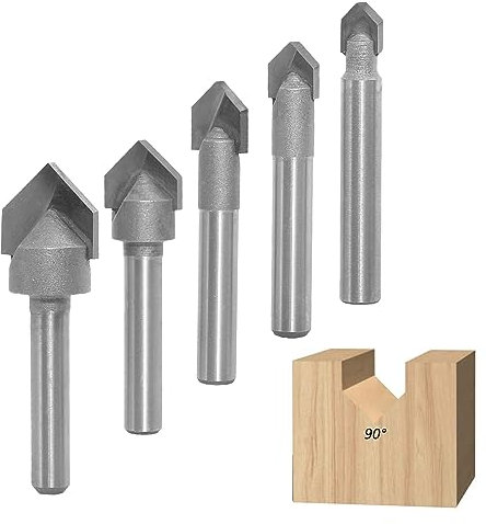Akylin 5pcs 90 Degree V Groove Router Bit Set,1/4 Shank,Carbide Tips V Grooving Cutters for Wood Carving,Engraving & Signmaking -Cut Dia. in 1/4”, 5/16”, 3/8”, 1/2,5/8