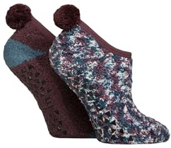 ELLE Women's Cosy Slipper Socks - Mary Jane, Pom Poms, Anti Slip Grips, Warm,Winter, Colourful, Bright, Size 4-8 Multipack of 2 Blue Coral