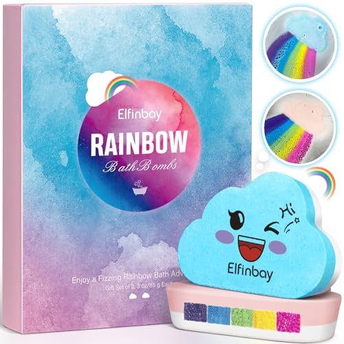 Elfinbay Regenbogen Badebomben für Kinder, Wolken Badekugeln Badebomben für Mädchen, 2 Große Handgefertigte Badebomben Badezusatz Kinder, Geburtstagsgeschenk Valentinstag Geschenke für Kinder Frauen