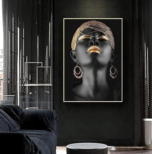 LPFNSF Moderne Leinwand Bild Gold Schwarze Lippen Leinwandbild, Weibliches Wohnzimmer, Schlafzimmer, Home Decoration Poster, Gerahmtes Poster (Stil 2, 60X90CM)