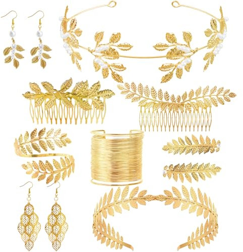 Nswayy 10 Stück Griechische Göttin Kostüm Schmuck Set Hochzeit Brautschmuck Oberarmreif Ohrringe Lorbeerkranz Haarspange Armband Goldene Hochzeit Boho Blatt Haar Krone Accessories Mädchen Damen