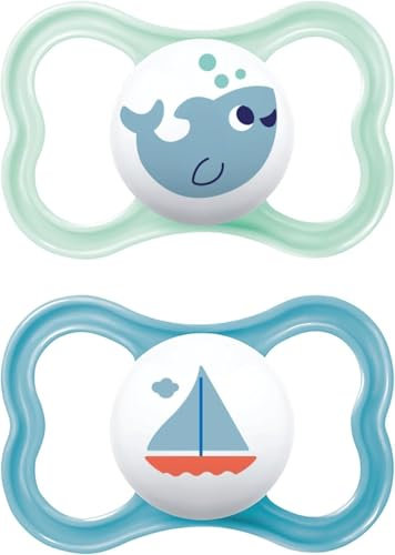 MAM Air Soothers | 18-36 Months | 2 Pack | Comes in Dummy Steriliser Case | Sustainable Materials | Baby Accessories | Blue/Cream (Various Designs)