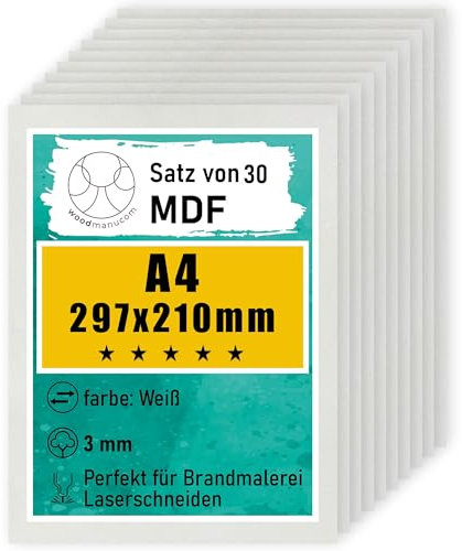 woodmanucom 30 Stück weiße A4 MDF Platten | 297 x 210 x 3 mm | Bastelplatte Dünne Holz-Platten | Perfekt für Laser, CNC Router, Laubsäge, Modellierung