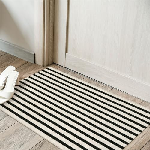 LEEVAN Schwarz-weiß gestreifter Outdoor-Teppich, 5 x 7,6 cm, kleiner Baumwollteppich, waschbar, Haustürmatte, Außeneingang, gewebt, wendbar, Willkommensmatte, moderner Outdoor-Eingang, Schichtteppich