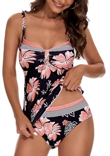 Aottori Maillot de Bain Femme 2 Pièce Tankini Imprimé Rembourré Maillot avec Short Maillots de Bain Push Up Bikini Rayures Rembourré Beachwear Noir Rose XXL
