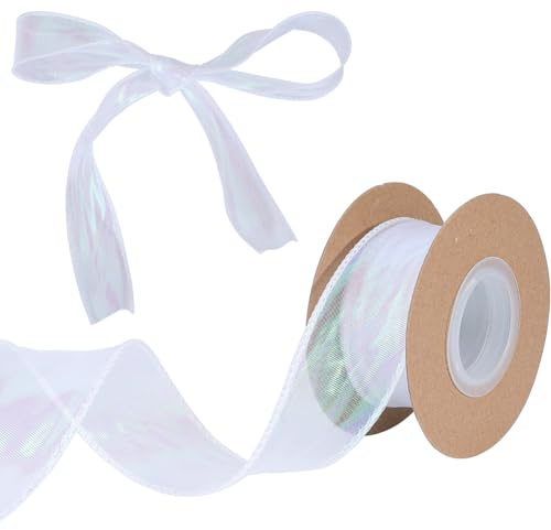 GORGECRAFT Cinta de Organza de 9 Metro de 4cm de Ancho Cinta de Borde de Tul Brillante con Alambre Transparente Tela Blanca Decorativa para Envolver Regalos Invitaciones de Boda Ramo