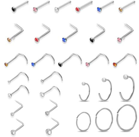 Maxmoc 30pcs Nose Stud, Silver Nose Ring, Surgical Stainless Steel Nose Piercing Jewellery, L Shape Nose Stud with Cubic Zirconia for Women Men Gift (Multicolor)