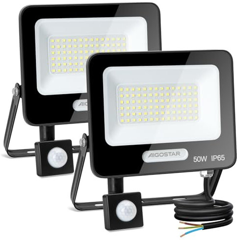 Aigostar- 50W Foco LED con Sensor Movimiento, Super Brillo Focos Exterior, 4600LM, Blanco Frío 6500K, IP65 Impermeable, Proyector LED Exterior, Perfectas para Jardín, Garaje, Patio, Paquete de 2