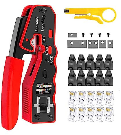 MAYLINE CAT5 Crimpadora Cable de Red CAT7 CAT6 LAN Tester RJ45 Crimpadora Kit de Herramientas Comprobador, Pasante Crimpar Reparación de Pinzas Pelado Ethernet Herramienta Alicate de Corte(Negro)