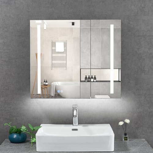 T&K LED Armoire Miroir de Salle de Bain avec éclairage et désembuage 75x65cm, avec éclairage ambiant inférieur, Prise et Prise USB Meuble Mural en Alliage d’Aluminium pour Salle de Bain Miroir