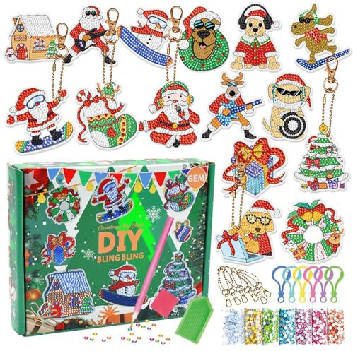 15 Pièces Noël Diamant Painting,Noël Peinture Diamant Porte Clef,Diamant Peinture Portes-Clés,Porte Clé Noel Diamant Painting,clés de Peinture de Diamant de Noël,Salon Stickers Muraux Décor Maison,Sa