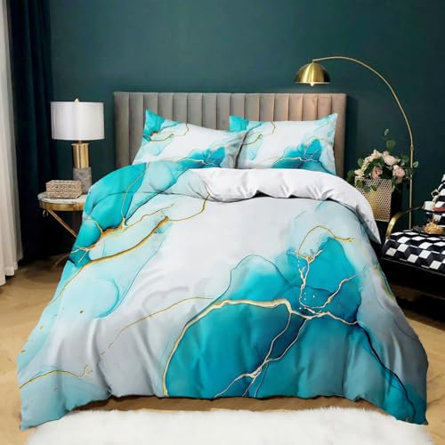 Azul Claro Juego de Ropa de Cama de 3 Piezas Pintura de Tinta Textura Dorada 200x200 cm Microfibra Estampada en 3D Juego de Fundas Edredón con 1 Funda Nórdica + 2 Funda de Almohada