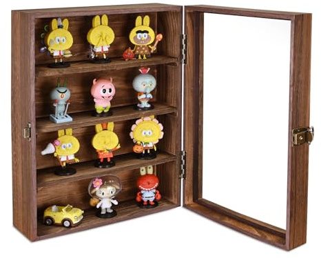 Ikee Design Wandmontierte Sammlerregale, Schattenbox mit Schloss und Schlüssel und Tischplatte aus gehärtetem Glas zur Präsentation Ihrer Wertsachen und Sammlung, 31 x 13 x 40 cm, Braun