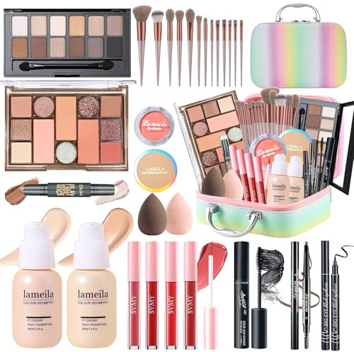 YBUETE Makeup Set, Makeup Kit for Women and Girls, Make Up Set Full Kit, Includes Foundation, Eyeshadow, Blusher, Eyebrow Pencil, Mascara, Eyeliner, Brushes, Lip Gloss with Storage Case - Rainbow