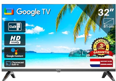 TEEVIEW Google Smart TV | HD | 32”/82cm | Frameless Design | Tripple Tuner DVB-T/T2/S/S2/C | HDMI x3, USB x2, CI+ | Sprachsteuerung & Streaming-Apps | In Eindhoven montiert | TV32QHG-EU