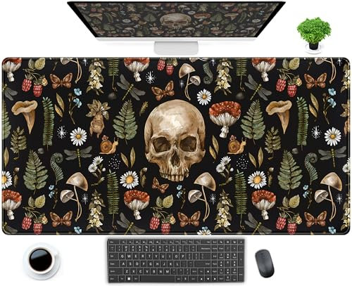 Coole Schreibtischunterlage mit Totenkopf-Motiv, Blumenmuster, Schwarz, Pilz, Pflanzen, Gothic, Schreibtischunterlage, XXL, großes Gaming-Mauspad, Laptop, Computer, Tastatur, Mauspad, 80 x 40 cm,