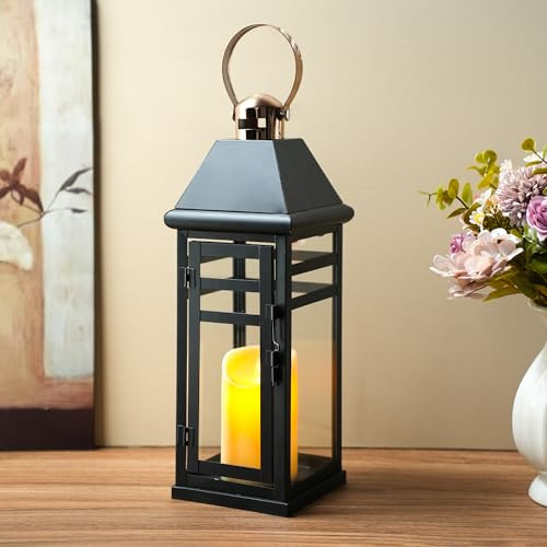 TRIROCKS Dekorative Vintage Kerzenlaterne 39 cm H Farmhouse Outdoor Hängelaterne mit Gehärtetem Glas für Veranda Balkon Terrasse Garten und Hof Zuhause Tischdekoration Innen und Außen (Schwarz)
