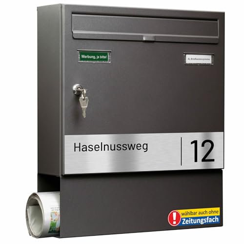 AL Briefkasten Systeme Basic-Line 1er Briefkasten personalisiert mit Namen Schild Straße und Hausnummer - Postkasten DB 703 Eisenglimmer modern mit mit Zeitungsfach - Gravur wetterfest Wandbriefkasten
