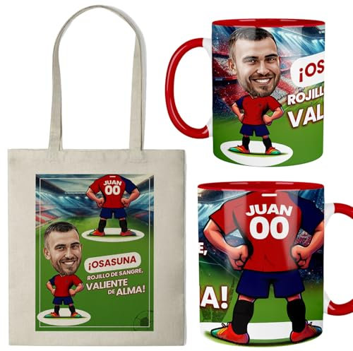 Kembilove® Taza personalizada caricatura Osasuna | Pack regalo aficionado rojillo | Taza + bolsa con nombre y número | Detalle original para fans de fútbol | Producto personalizado
