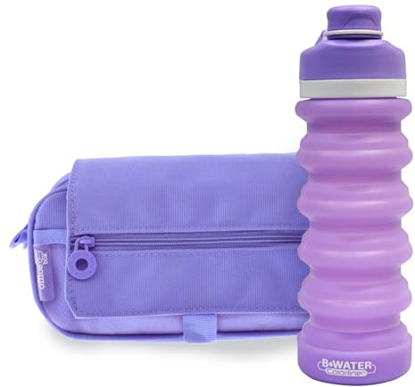 office box - Pack Vuelta al Cole: Estuche Triple “el Original” + Botella de Silicona Plegable BWater – Lavable y Resistente para durar Todo el Curso por un Precio único. (Lila + BWater)