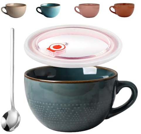 Groß Tasse Keramik, 700ml Becher, Kaffeebecher mit Henkel, Müsli Frühstückstasse, Mikrowellenherd Keramikschale, Große Salatschüssel mit Deckel, Geeignet für Milchkaffee Desserts(Schwarzgrün)