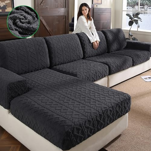 OHSIO Sofa Überzug – Elastischer & Waschbarer Sofabezug, Weicher Langlebiger Couchbezug für Sitzkissen & Wohnzimmermöbel(Dunkelgrau, 1x Sitzbezug L)