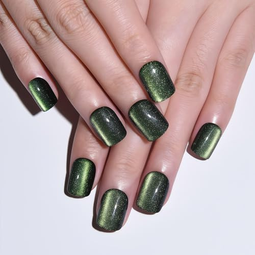 AuraFusion Waldgrüne Katzenaugen-Kunstnägel, quadratisch, klein, kurz, zum Aufkleben, Geschenk für Frauen, grüne holografische, glänzende Kunstnägel, wiederverwendbar, weiches Gel