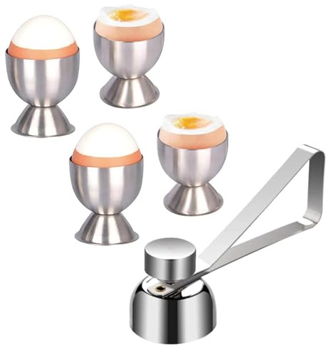 RQcMid 4 Stück Eierbecher Und 1 Stück Eierköpfer, Lustige Eierbecher Für Kinder, Eierbecher Edelstahl, Eierbecher Lustig Ideal Für Frühstück, Familienfeiern Und Gekochte Eier