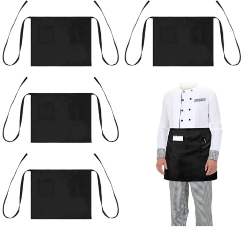 DHSWNNG 4 Stück Vorbinder Schürze Schwarz, 85x54cm Kellnerschürze mit 2 Taschen Taillenschürze Wasserdichte Halbschürze Kurz Kochschürze Unisex Kellner Schürze für Herren Damen