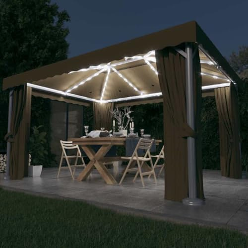 Pergola Tente pop-up avec rideaux et guirlande lumineuse LED, 4 x 3 m, taupe, pour jardin, cour, camping