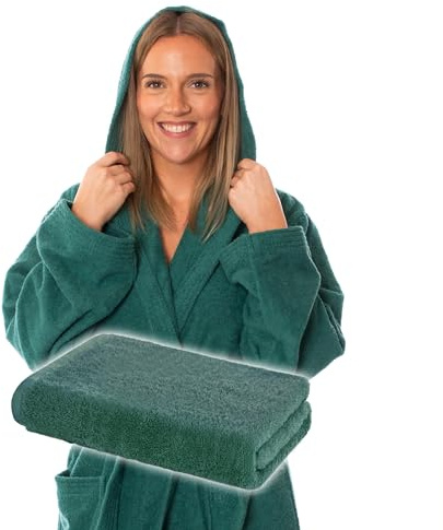 Lavea® Set Sauna Accappatoio Uomo e Donna con Asciugamano Doccia Grande 80x200 cm – Asciugamani Bagno in Spugna 100% Cotone, Morbidi e Assorbenti, Cappuccio e Cintura, OEKO-TEX® – Smeraldo