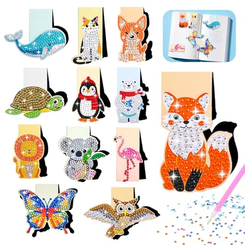 Koxtyzo 12 Stück Diamond Painting Lesezeichen, Geschenke Mädchen 6 7 8 9 10 11 12 Jahre, DIY Diamant Painting Magnetische Lesezeichen, Bastelset Geburtstagsgeschenk für Kinder Erwachsene