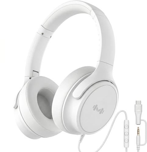MartiAudio Wired Over-Ear Headphones, Mic, 3.5mm, USB-C Adapter, White | Over-ear comfort with inline mic, volume control, 3.5mm jack, and USB-C adapter for phones, laptops, PCs, and tablets.