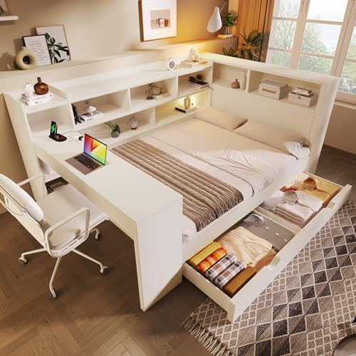 Merax Double Daybed Frame, 4ft6 Sofa Bed with Storage Drawers, USB & Type-C Charging Port, Multi-functional Wooden Bed Frame for Living Room/Bedroom, 135 x 190 cm, White (No Mattress)