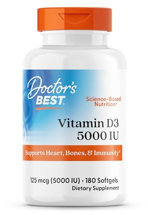 Doctor's Best Vitamin D3 5000 IU Softgels for Men & Women - Vitamin D Supplement for Immune System & Heart Health Support, 125 mcg per Serving, VIT D 3, Non GMO, Gluten Free, Soy Free - 180 Softgels