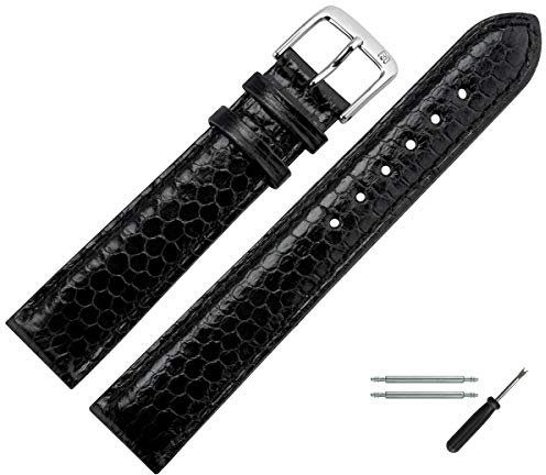 MARBURGER Uhrenarmband 18mm Leder Schwarz Silber Schlange Prägung Mit Naht - Montage Set 4061810000120