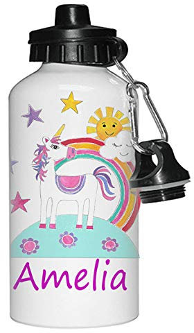 tigerlilyprints Personalised Water Bottle, Unicorn Rainbow Design, 400ml Water Bottle
