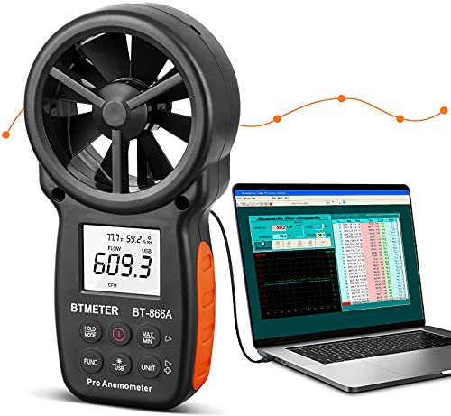 BTMETER BT-866A Pro Handheld HVAC Anemometer für CFM Luftstrom, Windgeschwindigkeitsmesser, Messgerät misst Windgeschwindigkeit, Temperatur%RH Taupunkt mit USB Sync zum PC