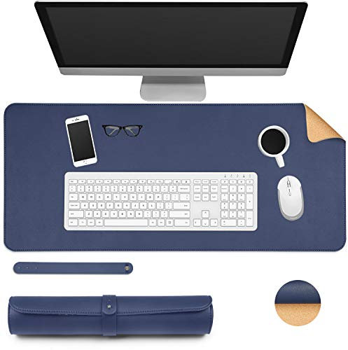 Ewolee Desk Pad, Office Desk Mat 70 * 30cm Natural Cork PU Leather Desk Protector Mat Non-Slip Waterproof Laptop Keyboard Mouse Mat for Office Home School(Dark Blue + Cork)