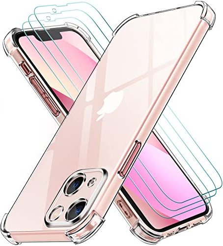 ivoler 4 in 1 Clear Case Compatible with iPhone 13 6.1 Case with 3 Pack Tempered Glass Screen Protector, Slim Soft TPU Shockproof Anti-Scratch Phone Case with Reinforced Corner Bumpers, Clear