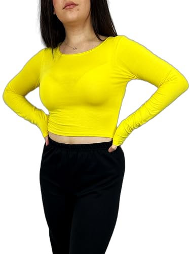 LUXE DIVA Women's Long Sleeve Crop Top - Slim Fit Basic Tee | Stretchy Crew Neck Shirt | Casual & Going Out T-Shirt | Solid Fashion Baby Tee Sizes 8-14 Yellow