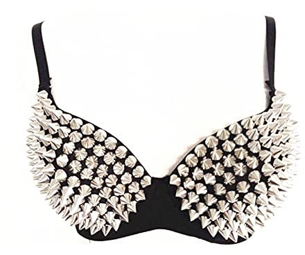 Syfinee Sexy BH für Damen, metallische Spikes, Nieten-BH, Punk, Push-Up-Tops, Unterwäsche für Party, Club, Raves, Sport, 90B, Silber