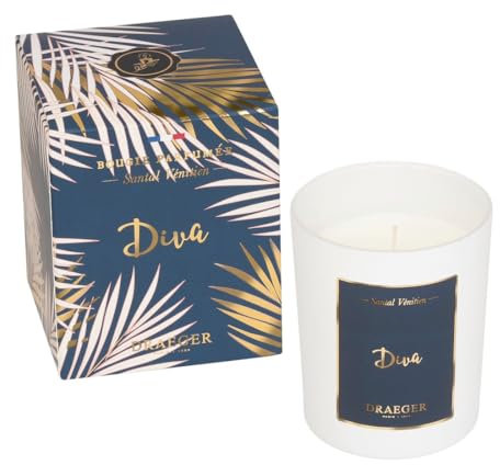 DRAEGER PARIS - Bougie Cadeau blanche Parfumée Santal Vénitien Diva - Idée Cadeau Diva, Amitié, Copine - Pot en verre - Made in France - 100% Cire Végétale - 40h de combustion