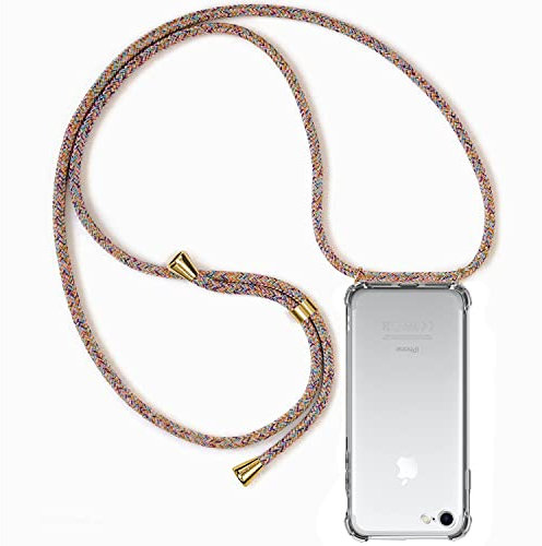 ZYIMOU Coque pour iPhone SE 2022/2020 / iPhone 7 / iPhone 8 avec Cordon, Collier Étui de Protection Ultra-Mince Transparente Clair Silicone Gel Souple TPU Antichoc Coque avec Corde - Arc en Ciel