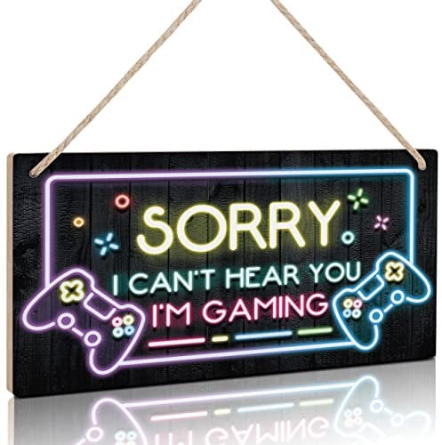 TOARTi Neon Light Gaming Wood Sign for Boys Bedroom Door Decorations,Gamer Quotes Sorry I can’t hear you I am Gaming Wall Art Decor for Gamer Gifts,Video Game Wooden Plaque for Gaming Zone,6 x 12 inch